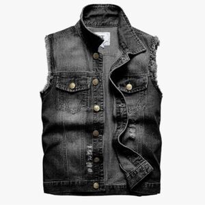 Gray Distressed Ripped Vintage Denim Sleeveless Vest